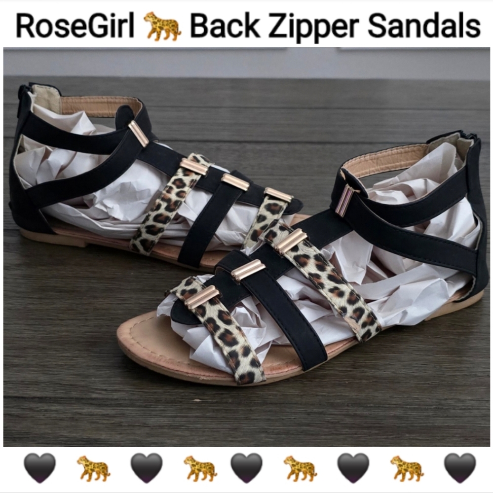 RoseGirl 🐆 Black and Strappy Tiger Sandals with Back Zipper, Size 10
